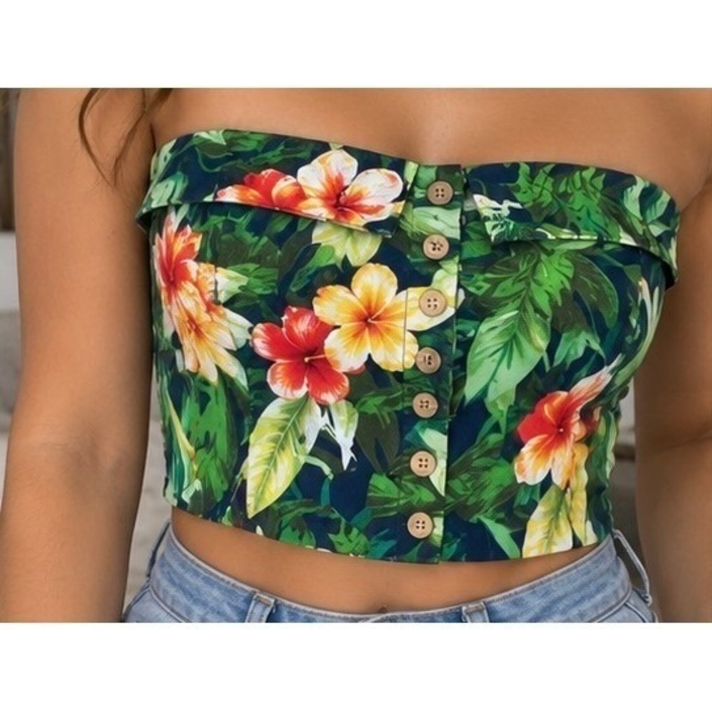 Tropical Floral Button Down Strapless Tube Top Smocked Back Tie Hem Green Size-L